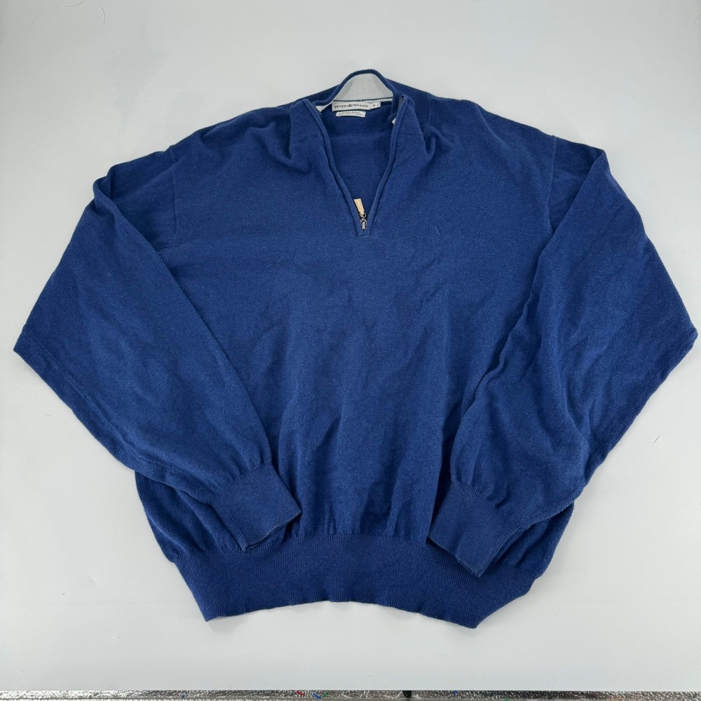 Peter Millar Mens Luxury‎ Blend Quarter Zip Sweater Blue Size XL Cotton Cashmere